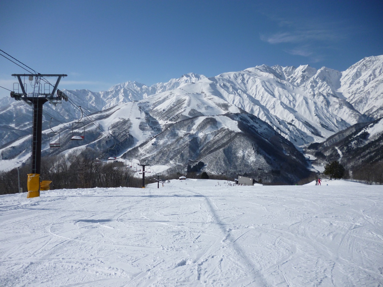 Snow-covered Hakuba Happo-one ski resort and Northern Alps viewed from Hakuba Iwatake Snow Field