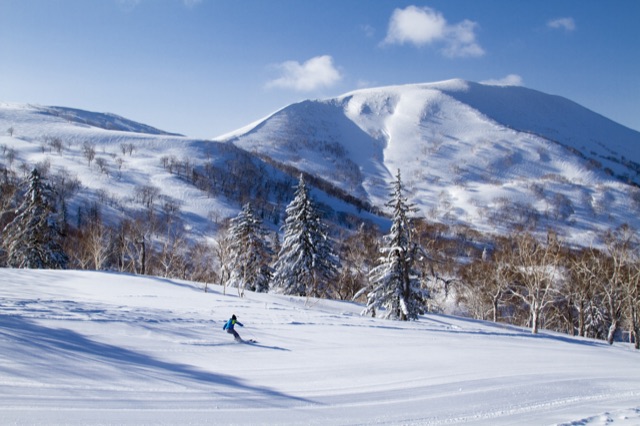 A winter mountain view from the slopes at Kiroro.