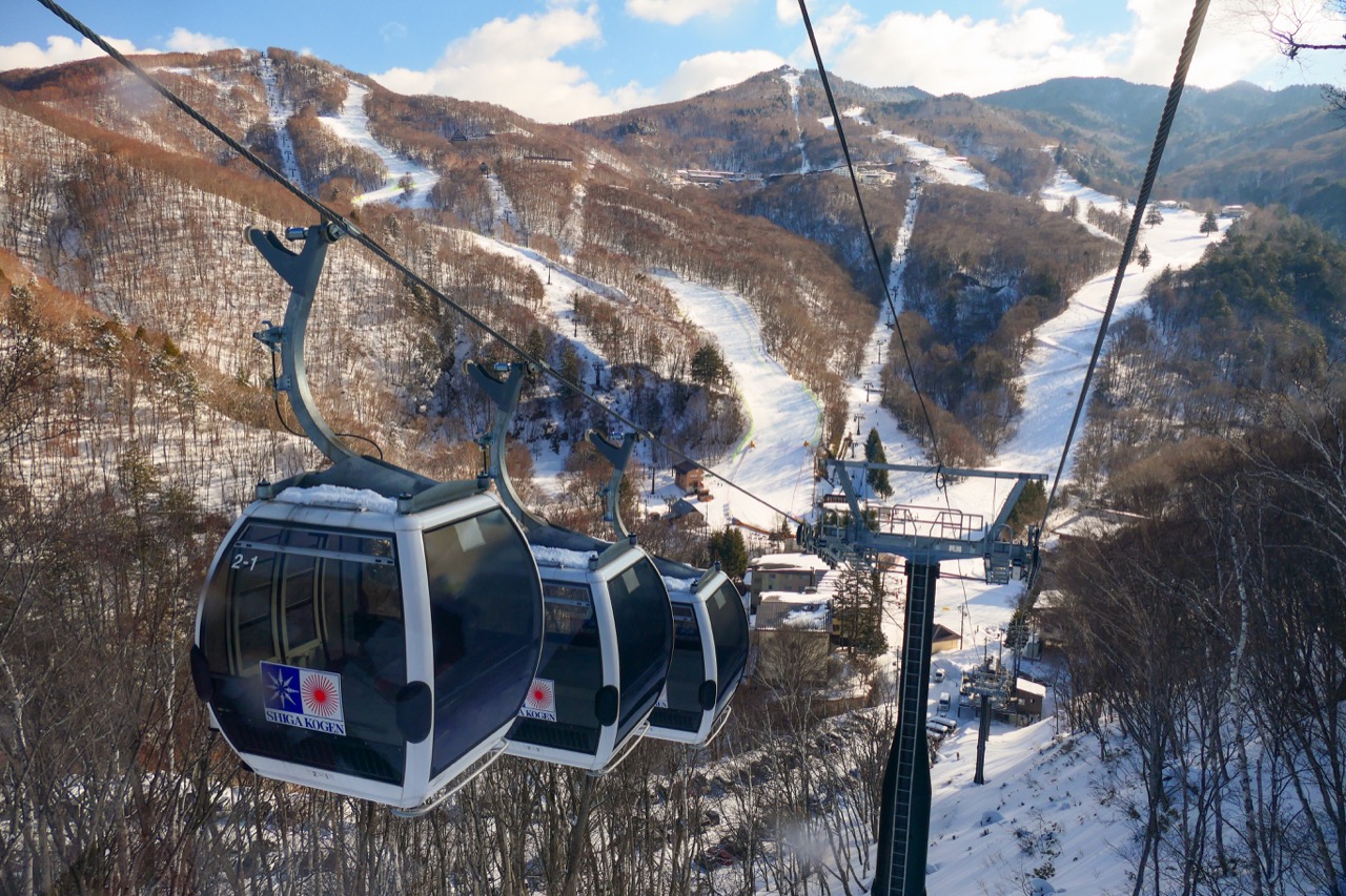 Gondolas and snow-covered slopes at Shiga Kogen.