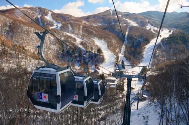 Gondolas and snow-covered slopes at Shiga Kogen.